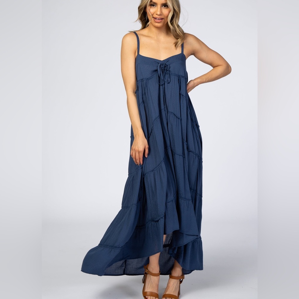 Navy Blue Ruffle Tier Hi-Low Dress